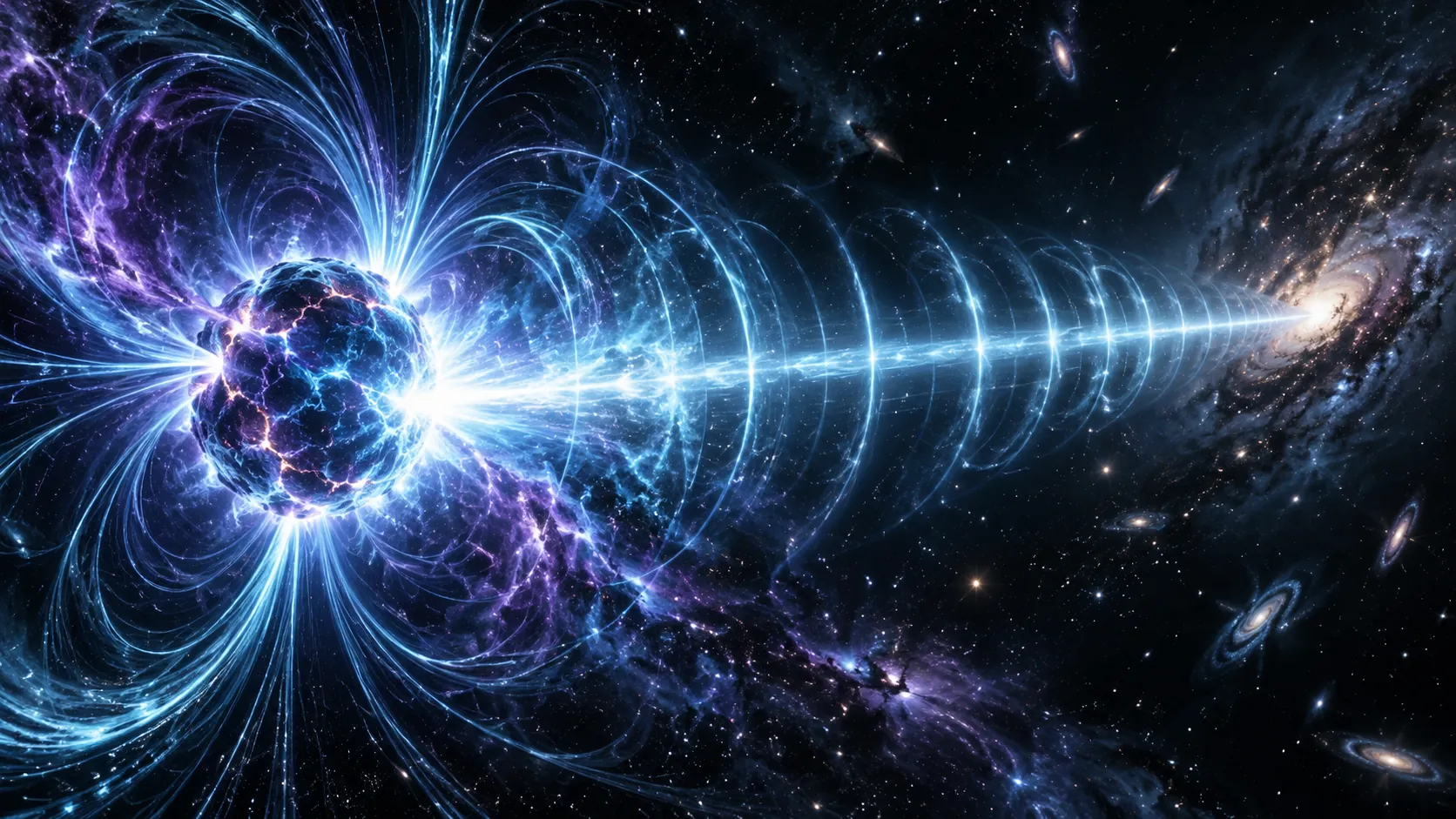 Conceptual visualization of a magnetar emitting an intense fast radio burst through space