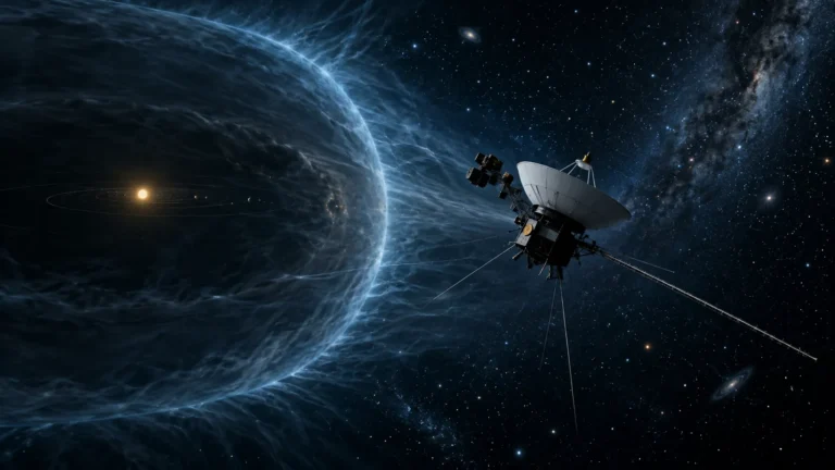 Conceptual illustration of a Voyager spacecraft beyond the heliosphere, with blue interstellar plasma and stars